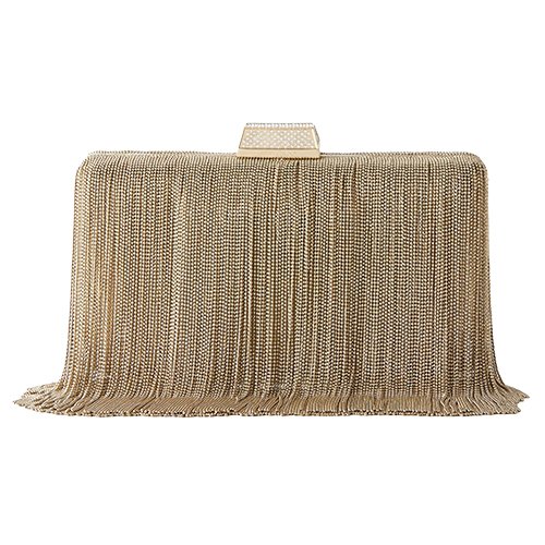 Clemmie fringed crystal embellished gold tone clutch 