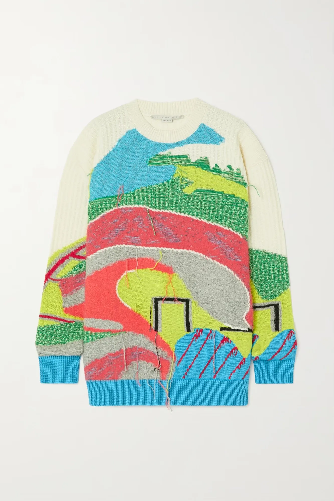 STELLA MCCARTNEY, Fringed intarsia wool-blend sweater, approx. ₹1,14,000